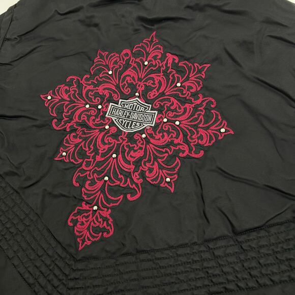 VTG y2k Women's Black Pink Floral Studded Harley Davidson Faux Fur Hooded Jacket - Picture 8 of 10